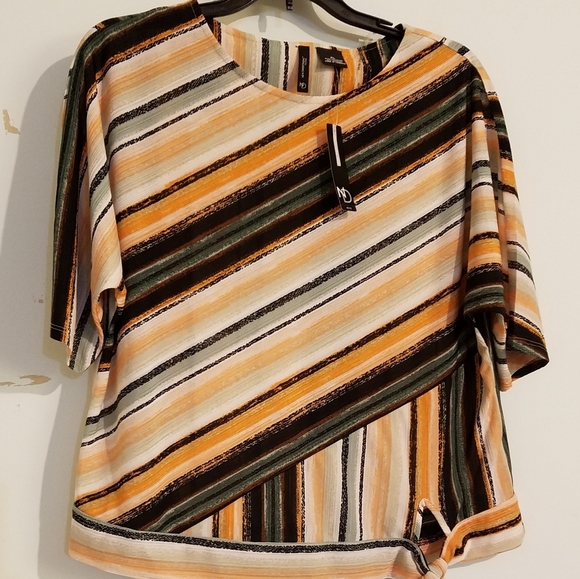 New Directions Petite Top Tangerine Black Green Stripe Blouse Large Petite - Picture 1 of 8
